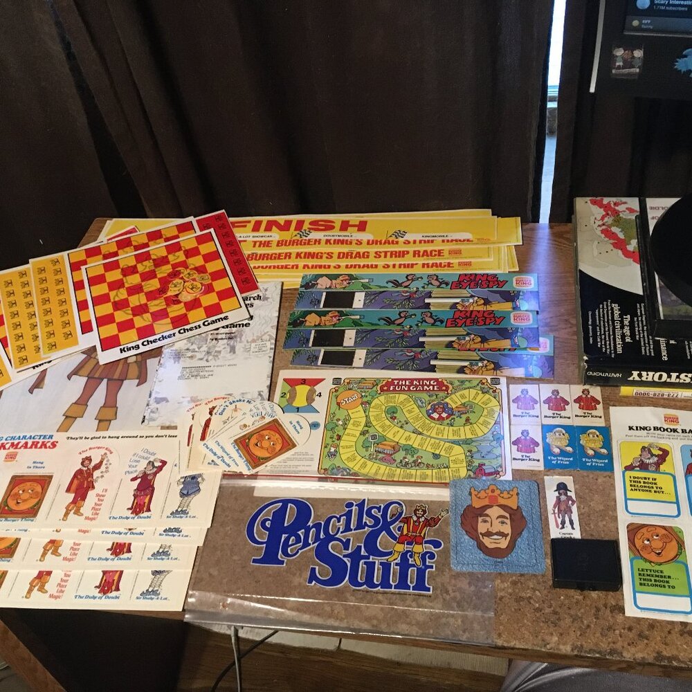 HUGE LOT OF VINTAGE BURGER KING TOYS BOOKMARKS IRON ON PATCHES MAGNET CHESS GAME